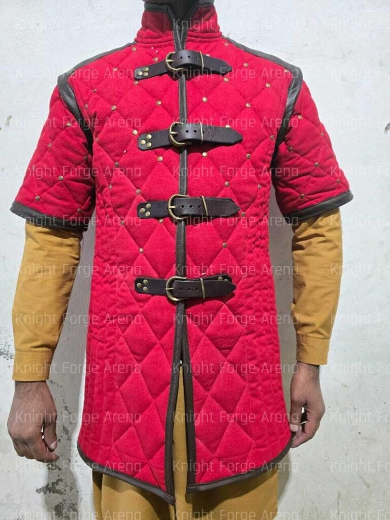 Medieval Viking Gambeson With Leather Trims red color