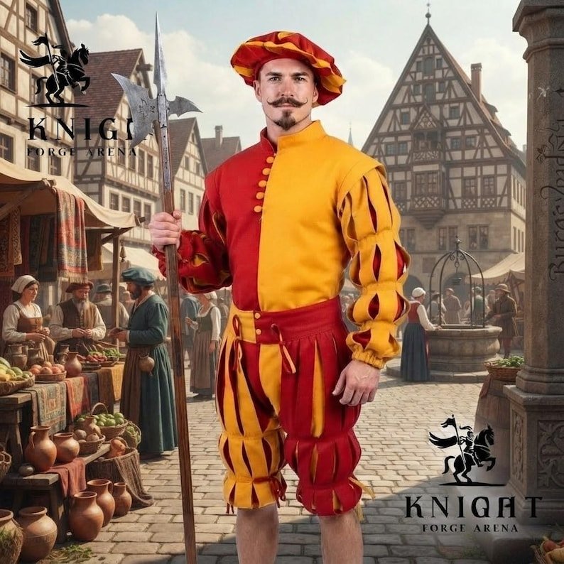 Joerg Landsknecht Doublet Trousers Set, Cotton Canvas Medieval Jacket, Renaissance Slops Costume Hat
