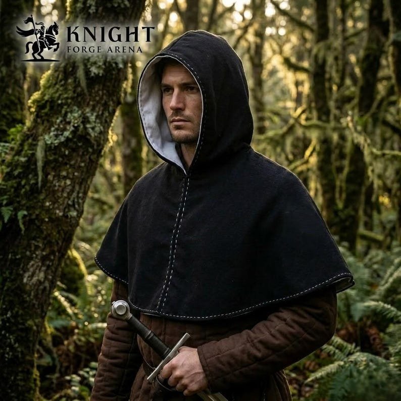 Hand Sewn Medieval Wool Hood, Linen Lined Skjoldehamn Cowl, Historical Reenactment LARP Cloak