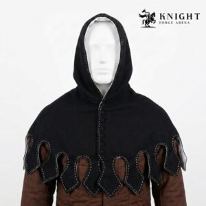 Hand Sewn Medieval Wool Liripipe Hood, Dagged Leaf Viking Cowl, Linen Lined Chaperon