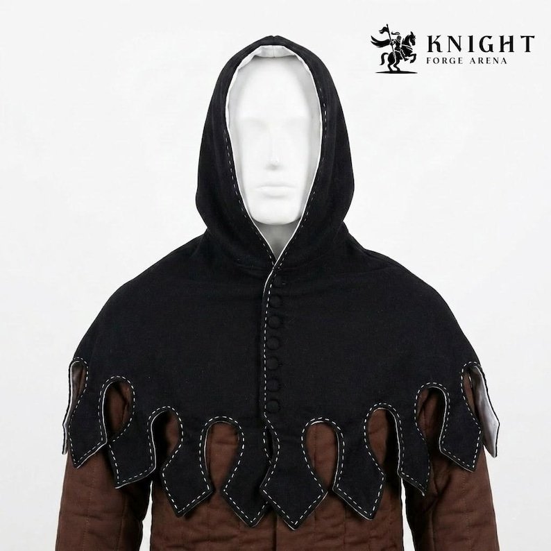 Hand Sewn Medieval Wool Liripipe Hood, Dagged Leaf Viking Cowl, Linen Lined Chaperon