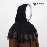 Hand Sewn Medieval Wool Liripipe Hood, Dagged Leaf Viking Cowl, Linen Lined Chaperon