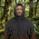Hand Sewn Medieval Wool Liripipe Hood, Dagged Leaf Viking Cowl, Linen Lined Chaperon
