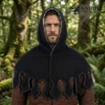 Hand Sewn Medieval Wool Liripipe Hood, Dagged Leaf Viking Cowl, Linen Lined Chaperon