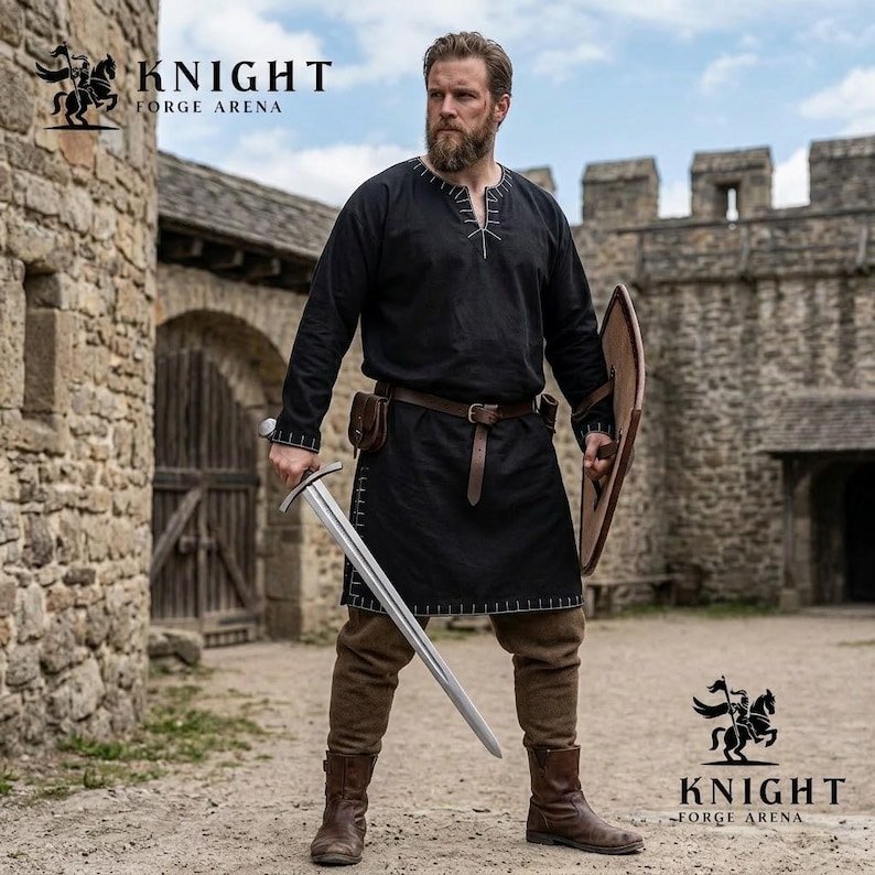 Hand Stitched Cotton Canvas Viking Tunic, Medieval LARP Costume, Loose Fit Shirt