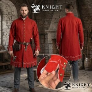 Medieval Wool Coat – Scalloped Embroidery, Brass Buttons, Renaissance Tunic