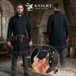 Medieval Wool Coat – Scalloped Embroidery, Brass Buttons, Renaissance Tunic