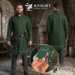 Medieval Wool Coat – Scalloped Embroidery, Brass Buttons, Renaissance Tunic