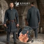Medieval Wool Coat – Scalloped Embroidery, Brass Buttons, Renaissance Tunic