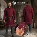Medieval Wool Coat – Scalloped Embroidery, Brass Buttons, Renaissance Tunic