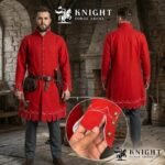Medieval Wool Coat – Scalloped Embroidery, Brass Buttons, Renaissance Tunic