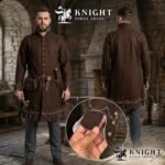 Medieval Wool Coat – Scalloped Embroidery, Brass Buttons, Renaissance Tunic